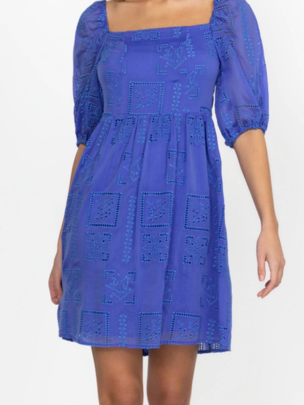 Johnny Was Cobalt Eyelet Square-Neck Puff-Sleeve Mini Dress